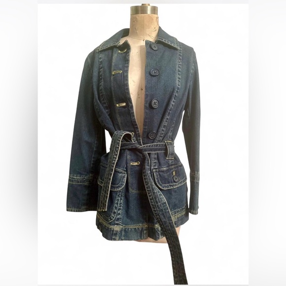 Jackets & Blazers - Vintage 90s fit and flair denim trench coat jacket belted sz XS